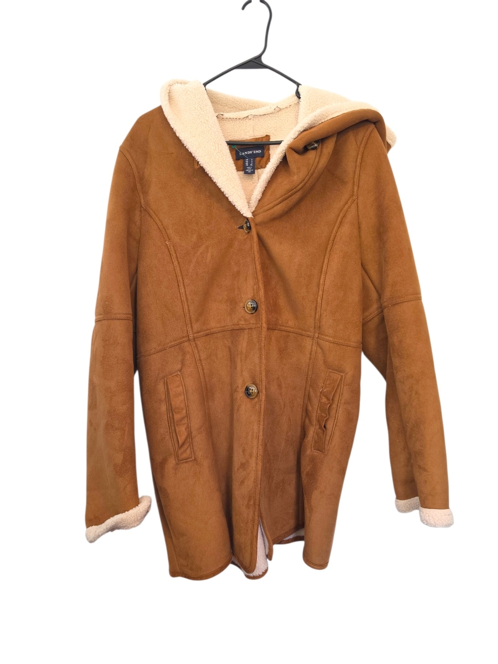 Lands' End Penny Lane Cozy Hooded Faux Suede Sherpa Coat Tan Size Large
